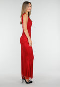 Rode Lange Glitter Jurk met Strass Steentjes en Lage Rug