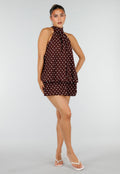 Bruine Halter Jurk met Witte Stippen en Open Rug
