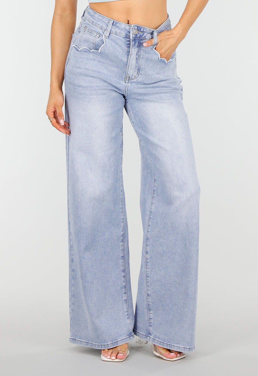 Lichtblauwe Denim Wide Leg Jeans met Hoge Taille