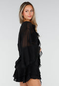 Zwarte Chiffon Blouse met Ruches en Knoopsluiting