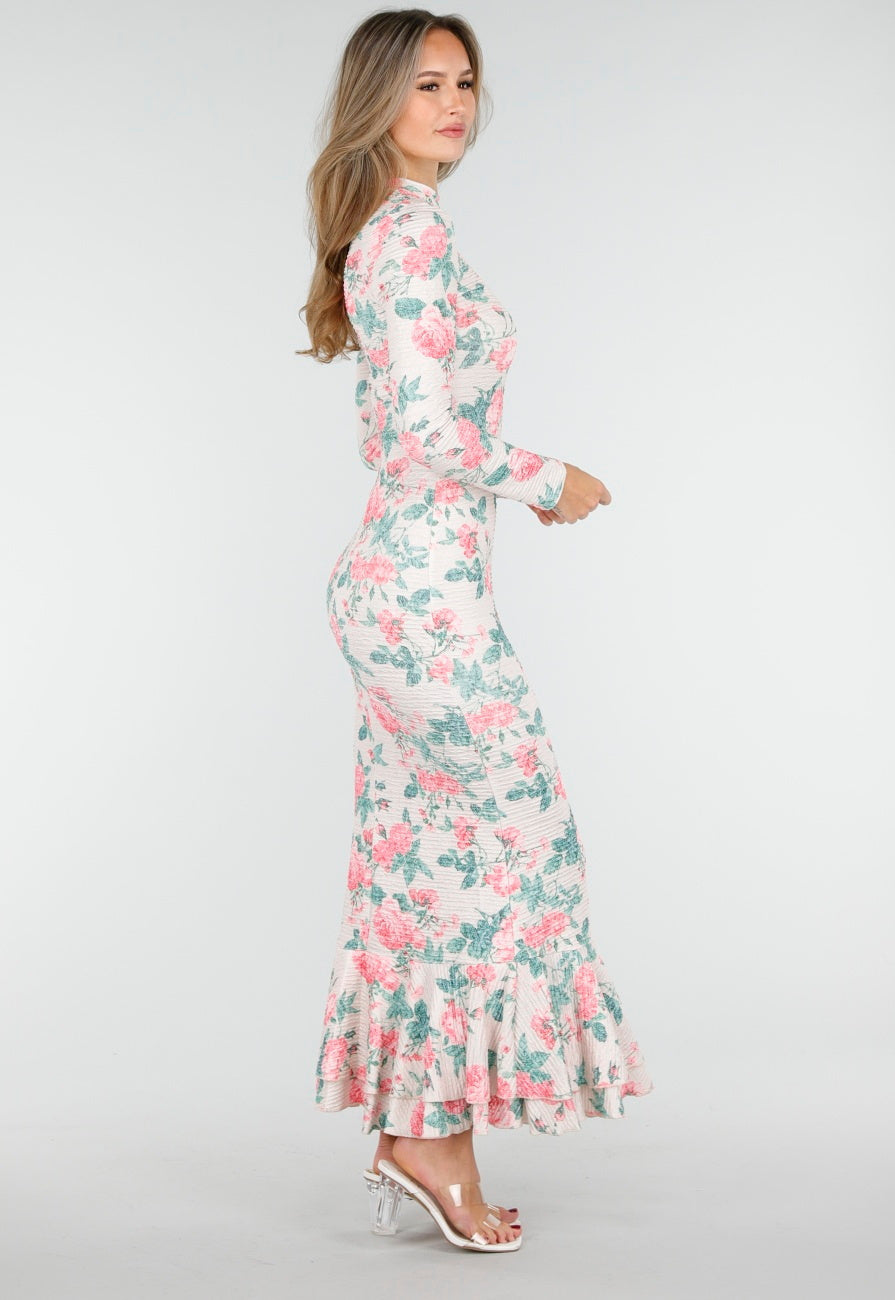 Roze Groene Bloemenjurk met Lange Mouwen