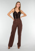 Bruine Sequin Bodysuit met Diepe V-Hals en Pailletten