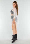 Witte Fishnet Cover-Up met Franjes en Puntige Zoom
