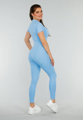 Blauw Kleurige Sport Jumpsuit met Korte Mouwen en Rits
