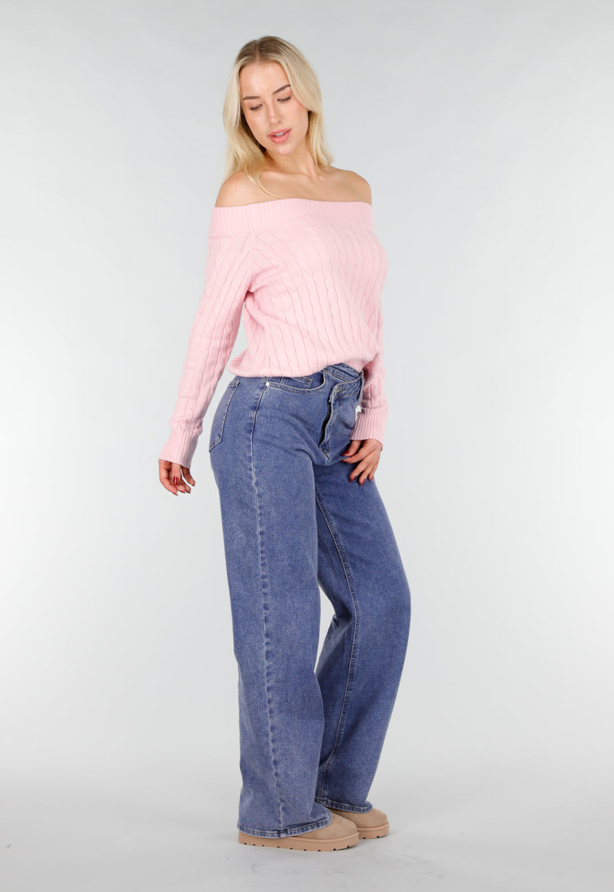 Lichtroze Off Shoulder Trui met Kabelpatroon en Brede Halsrand