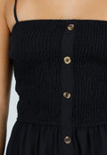Zwarte Maxi Jurk met Smock Bodice, Strikbandjes en Knoopsluiting