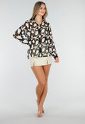 Zwarte Doorschijnende Blouse met Beige Bloemenborduursel en Lange Mouwen