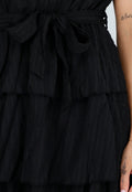 Zwarte One Shoulder Plissé Jurk met Tailleband