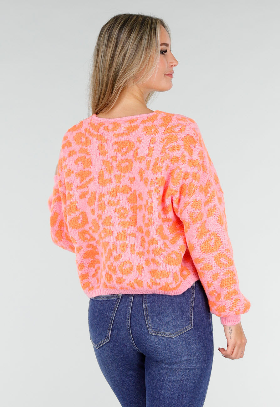 Neonroze Panterprint Trui met Striksluiting aan de Voorkant