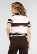 Lichtroze en Bruin Gestreepte Gebreide Polo Top met Stretch