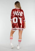 Rode Oversized Pailletten Jersey Top met V Hals