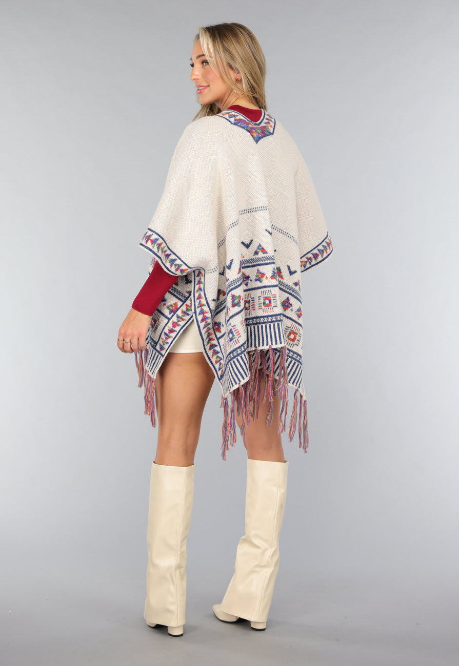Beige Print Cardigan met Franjes