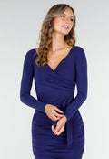 Donkerblauwe Jurk met Overslag, Plooien en Stretch