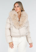 Beige Pufferjas met Bontkraag en Drukknopen