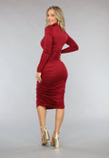 Rode Geplooide Bodycon Jurk met Lange Mouwen