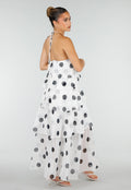 Witte Maxi Jurk met Zwarte Stippen en Volants