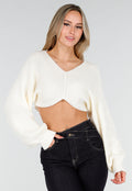 Gebroken Witte Cropped Trui met Ballonmouwen en  V-Hals