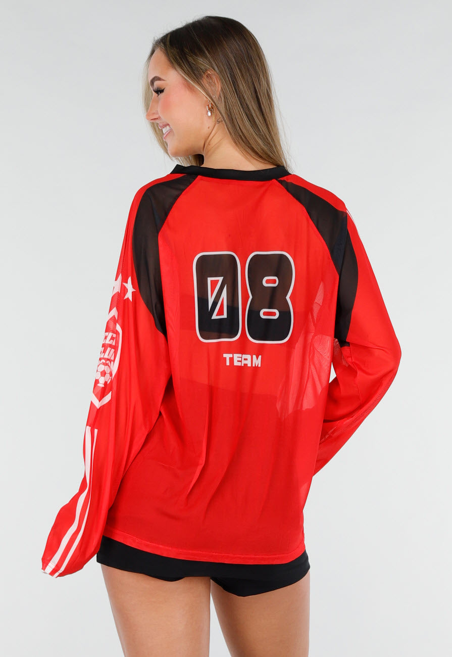 Rode Mesh Jersey Top met Lange Mouwen
