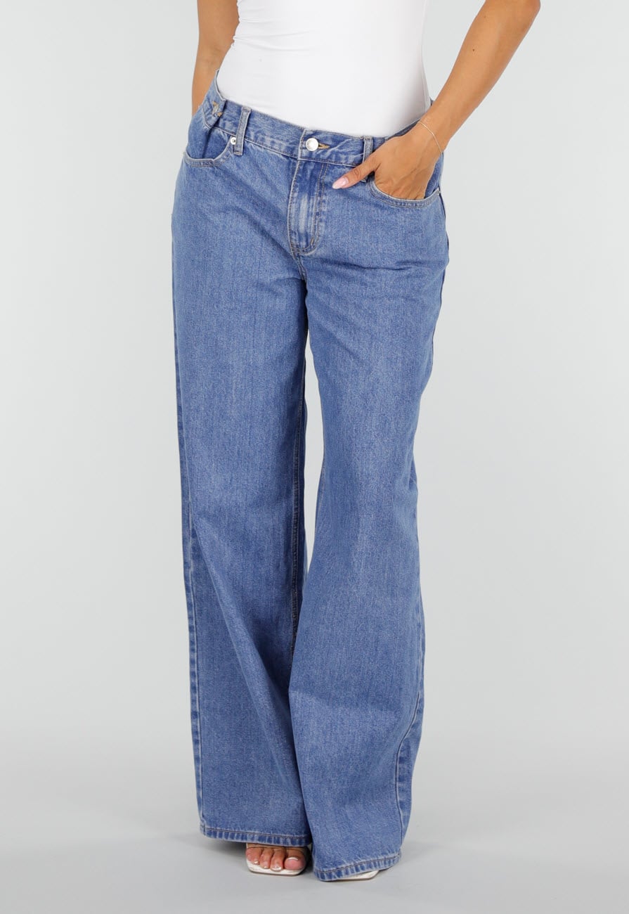 Low Waist Blauwe Wide Leg Jeans met Lange Wijde Pijpen