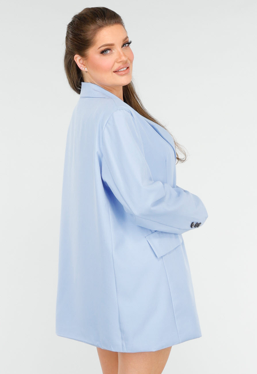Oversized Lichtblauwe Blazer met Sierzakken en Zwarte Knopen