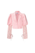 Lichtroze Korte Blazer met Kanten Mouwen en Pofmouwen