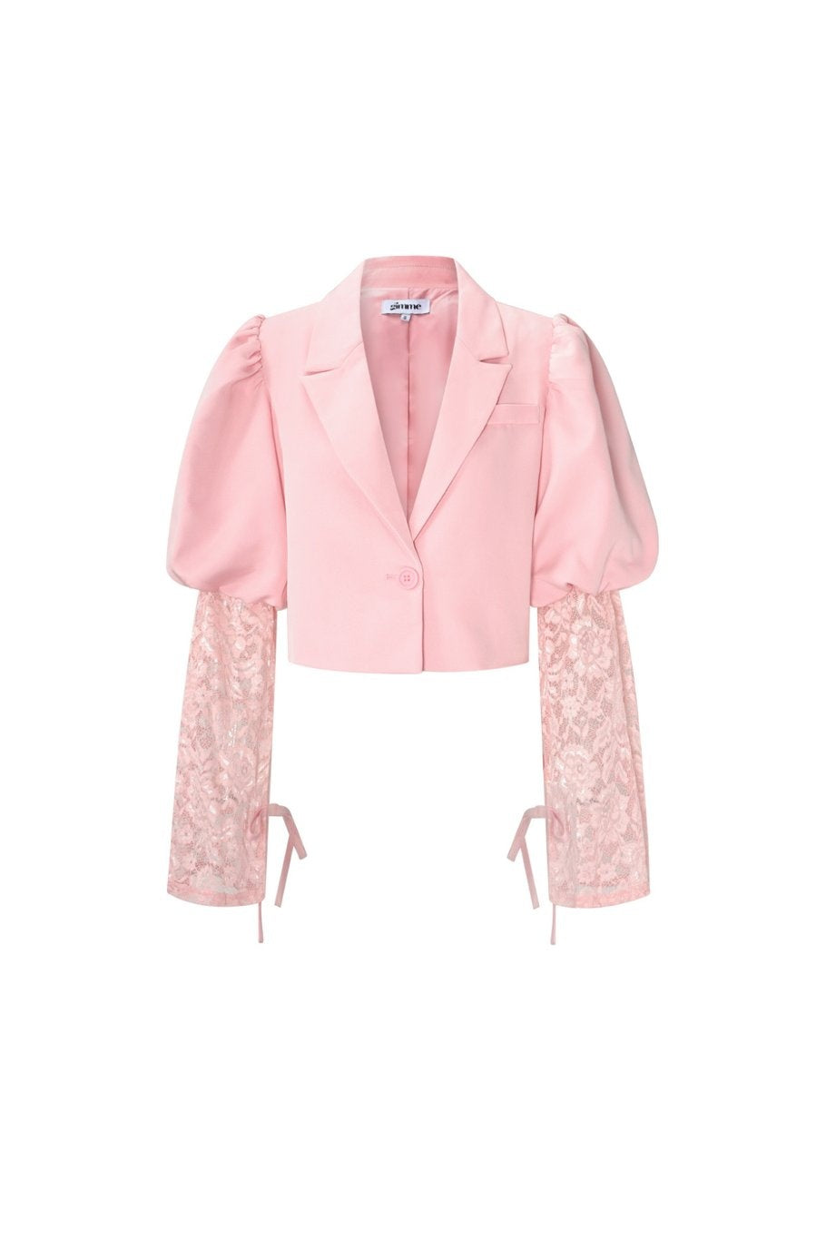 Lichtroze Korte Blazer met Kanten Mouwen en Pofmouwen