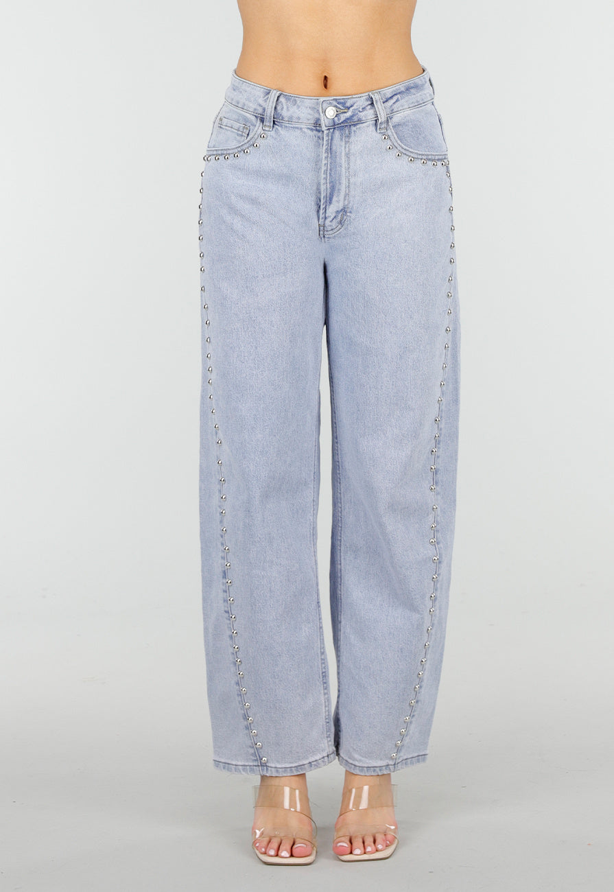 Lichtblauwe Denim Barrel Jeans met Studs en Stretch