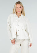 Ecru Denim Jas met Klepzakken, Trekkoord en Knoopsluiting