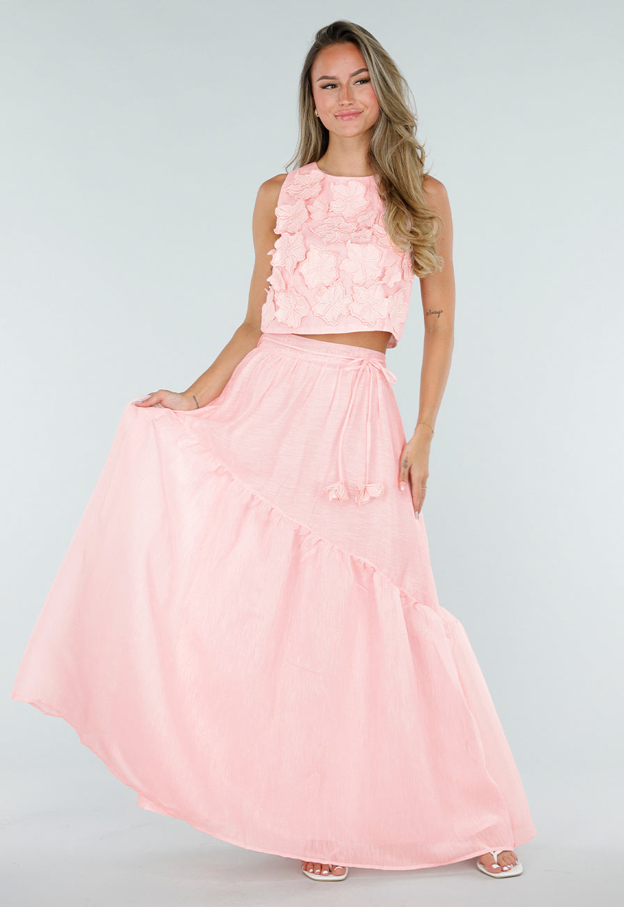 Lichtroze Maxi Rok met Strikceintuur en Volant