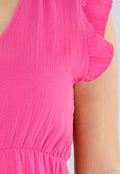 Fuchsia Linnenlook Midi Jurk met Ruches en V-Hals