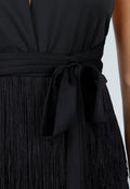 Zwarte Halter Playsuit met Franjes en Strikceintuur
