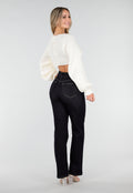Gebroken Witte Cropped Trui met Ballonmouwen en  V-Hals