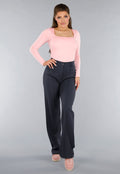 Longsleeve Lichtroze Stretchstof Shirt met Vierkante Hals