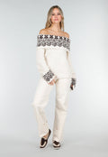 Crèmekleurige Off Shoulder Wollen Stretch Trui met Bruin Patroon