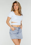 Blauwe Denim Skort met Strass Details en Rechte Pasvorm