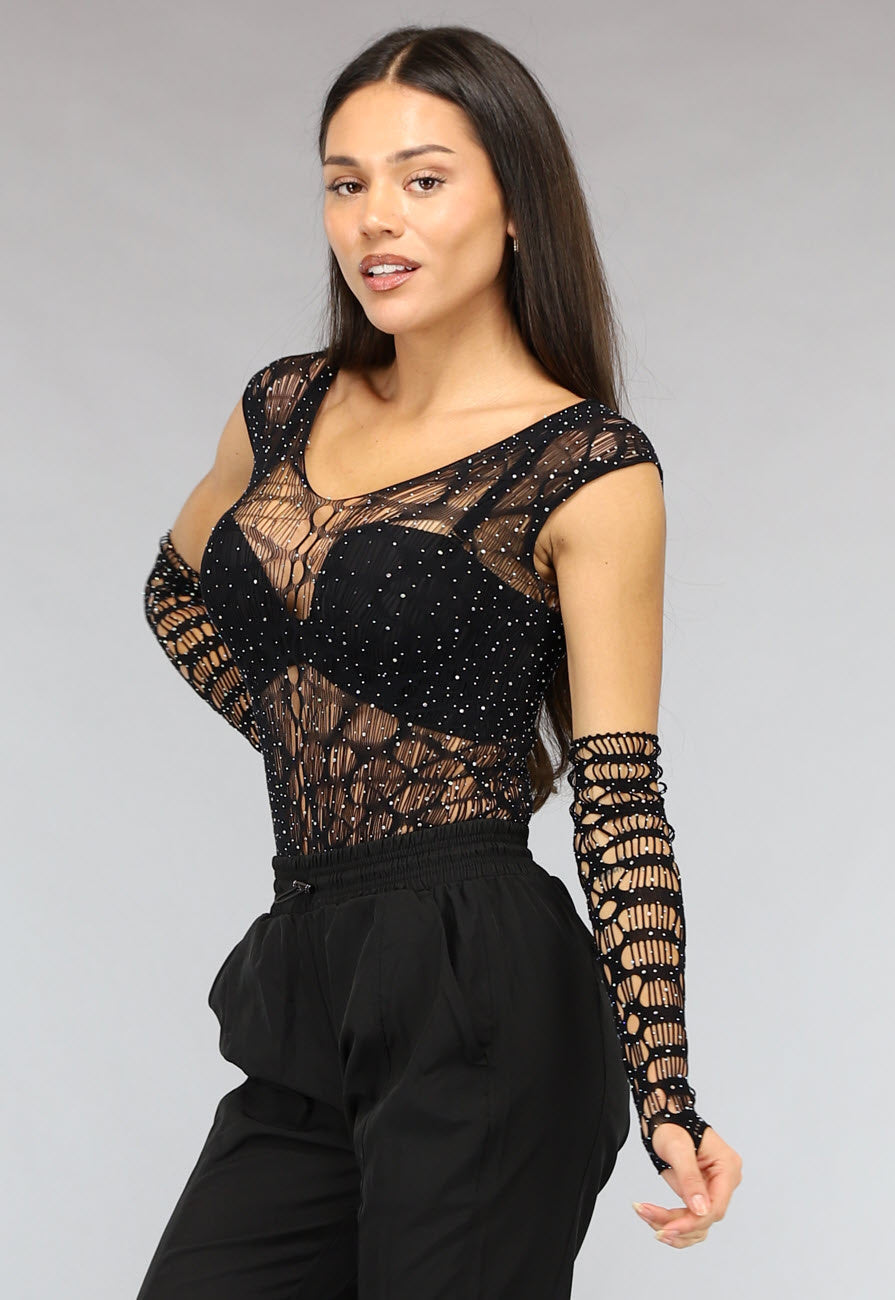Zwarte Fishnet Glitter Bodysuit met Losse Mouwen