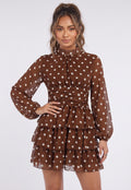 Bruine Polkadot Mini Jurk met Lange Mouwen en Hoge Hals