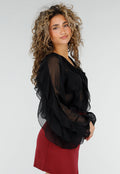 Zwarte Chiffon Blouse met Ruffle Details en Lange Mouwen