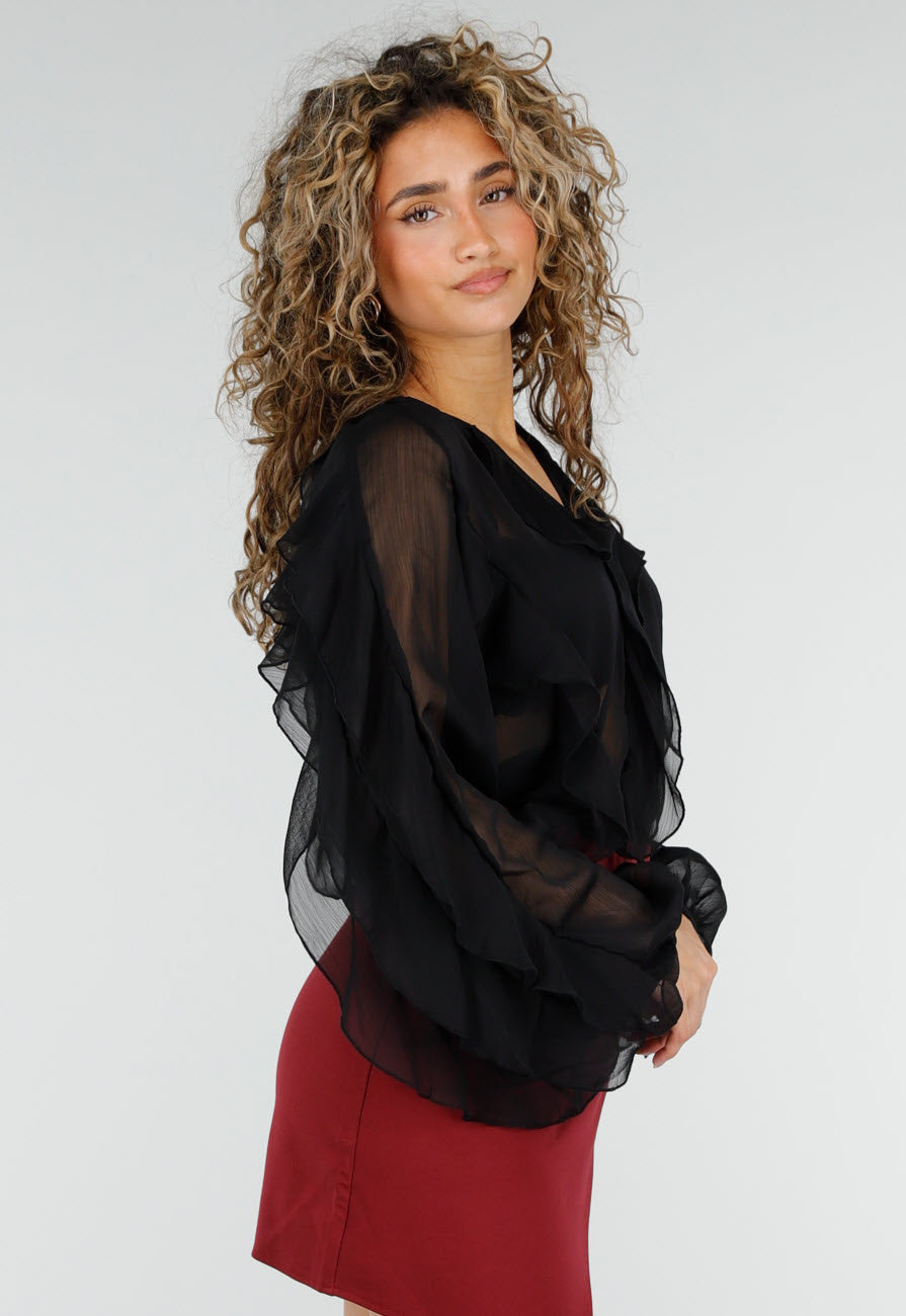 Zwarte Chiffon Blouse met Ruffle Details en Lange Mouwen