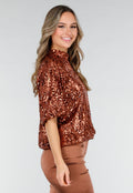 Bronzen Pailletten Top met Korte Mouwen