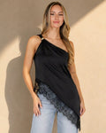 Zwarte One Shoulder Top met Kanten Zoom