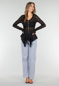 Zwarte Kanten Peplum Top met Knopen