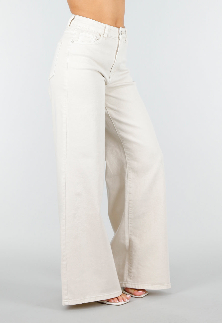 Beige Extra Wide Leg Jeans met Hoge Taille en Stretch