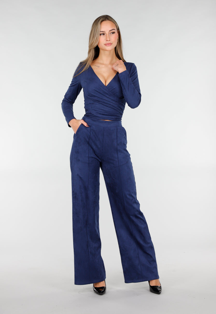 Donkerblauwe Straight Leg Suède Pantalon met Rechte Pijpen