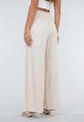 Beige Wide Leg Broek met Smock Taille en Strikkoord