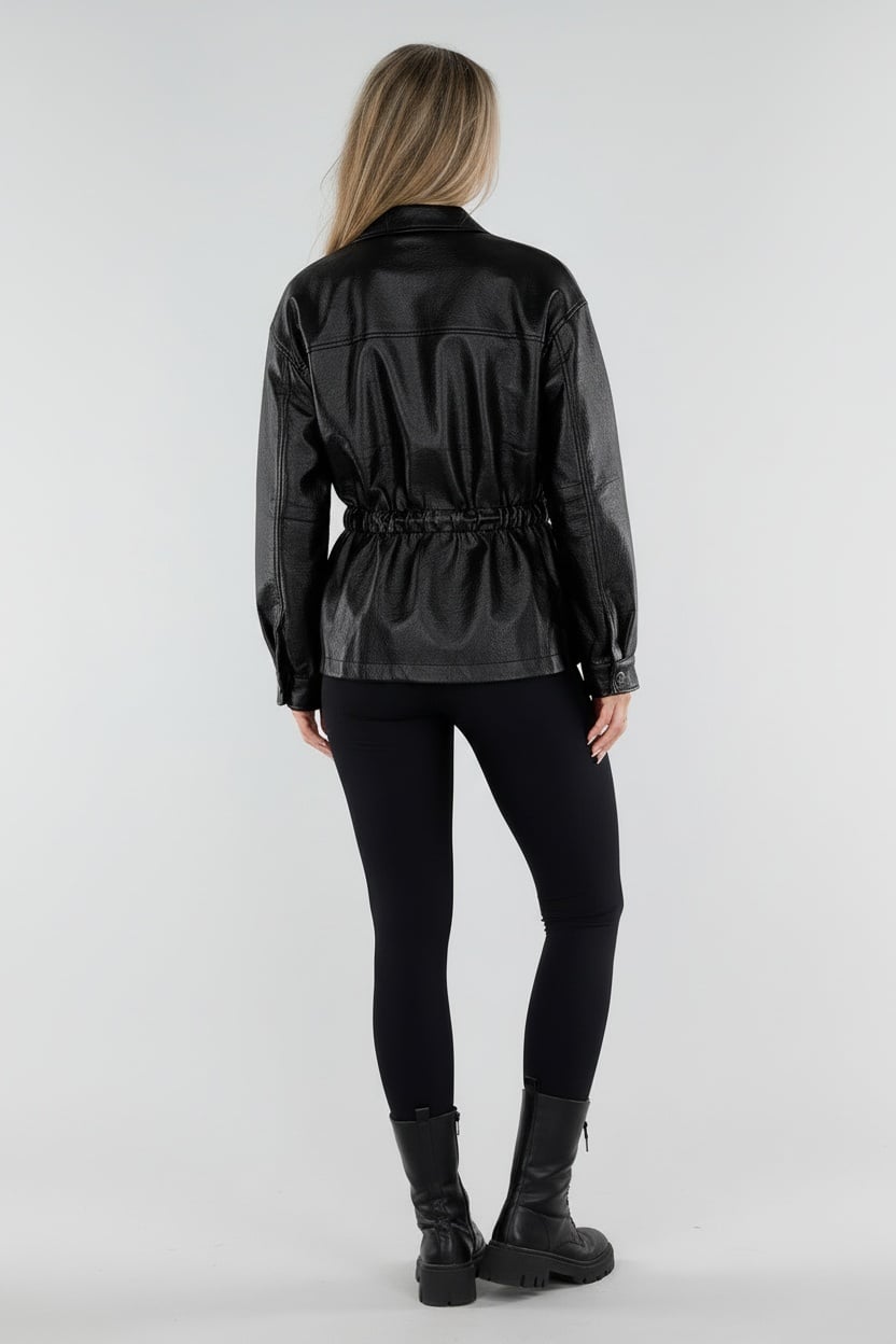 Zwarte Lederlook Jas met Hoge Kraag en Taillekoord