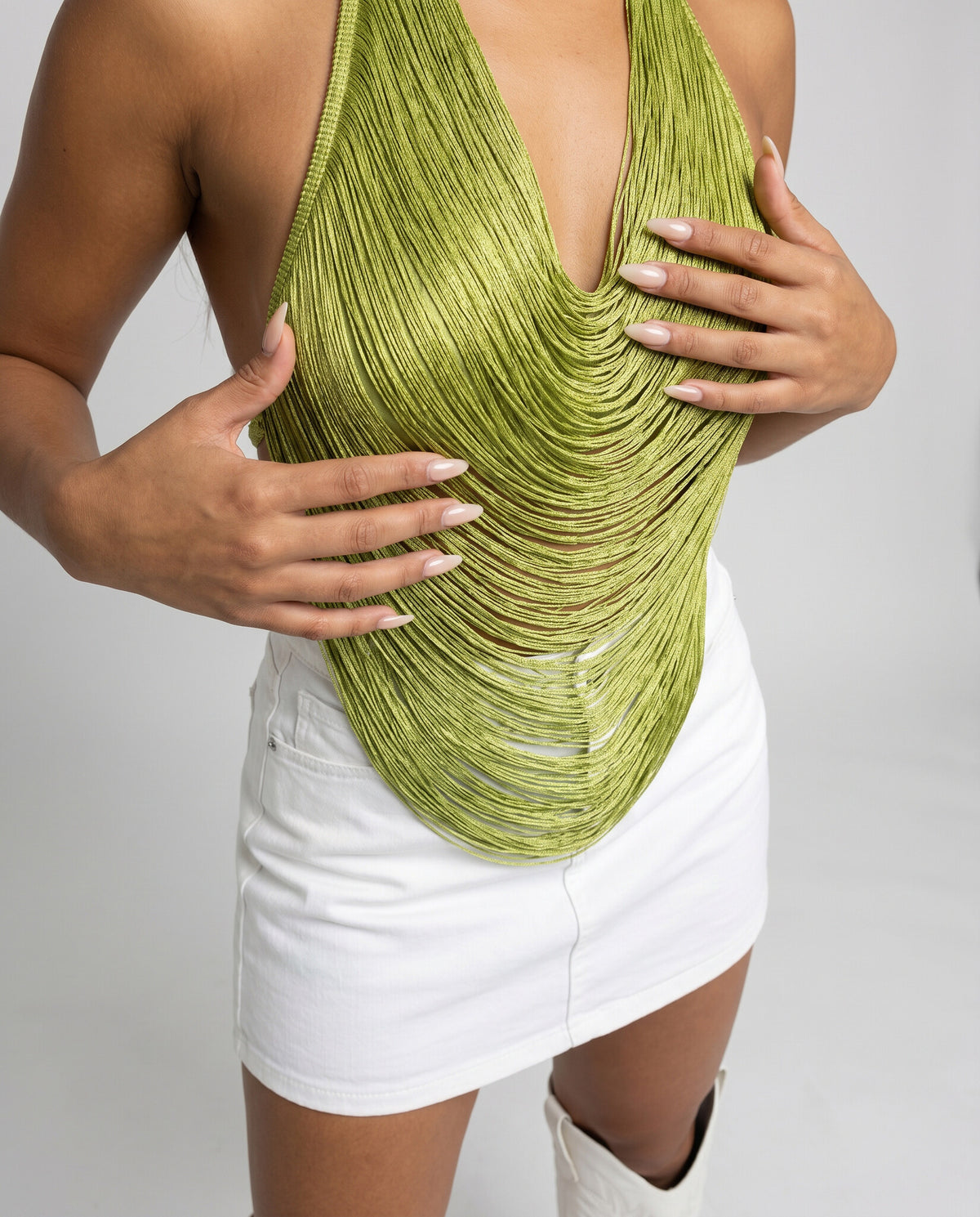 Groene Fringe Halter Top met Ondertop