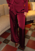 Bordeauxrode Satijnlook Wide Leg Broek met Hoge Taille