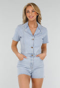 Redial Jeans  Lichtblauwe Denim Playsuit met Reverskraag en Knoopsluiting