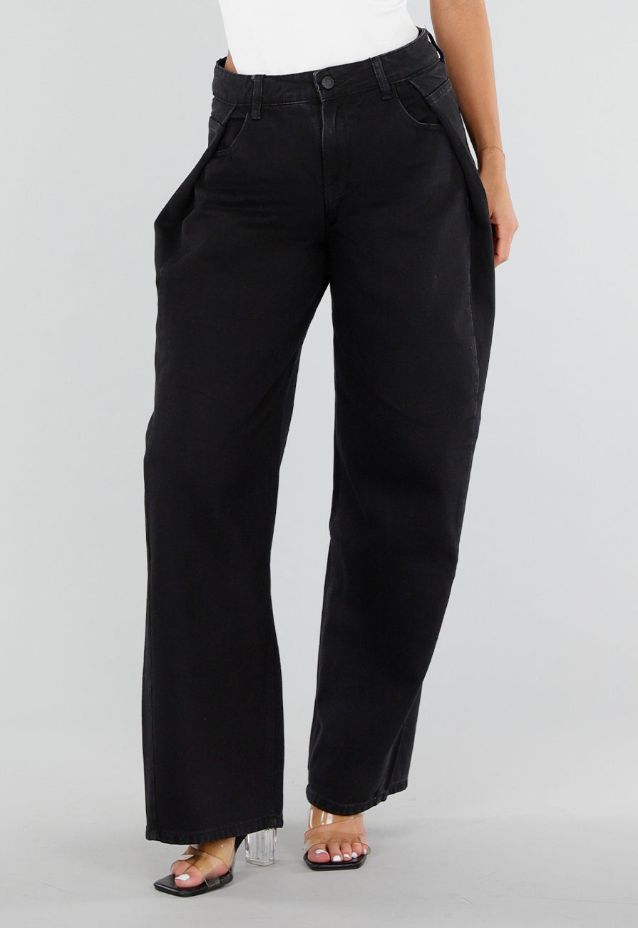 Zwarte Barrel Jeans met Hoge Taille en Plooien